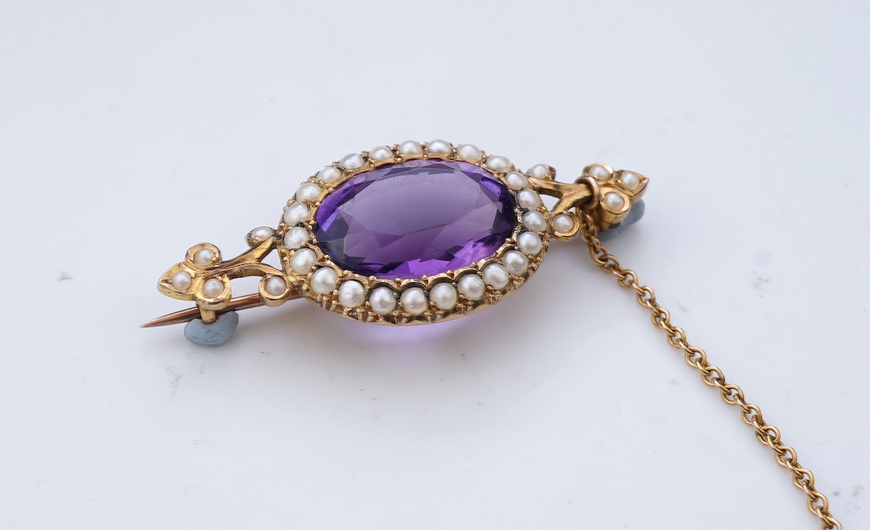 An Edwardian amethyst and seed pearl brooch, early 20th century